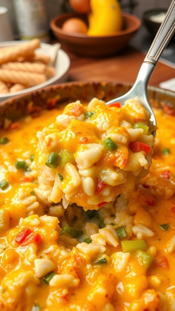 A bubbling cheesy chicken and rice casserole with mixed vegetables, served in a rustic dish.